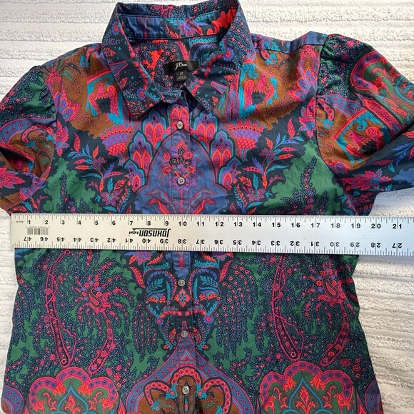 J.Crew Womens Paisley Button-Up Shirt 12 Multicolor Cotton Puff Sleeve Blouse - Picture 6 of 7